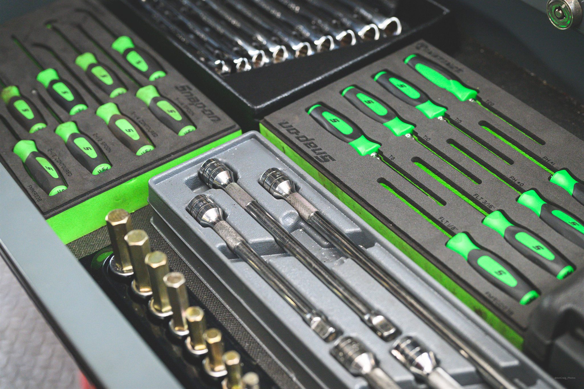 Organised professional Snap-on and specialist mechanic tool trays at Langdon Motors