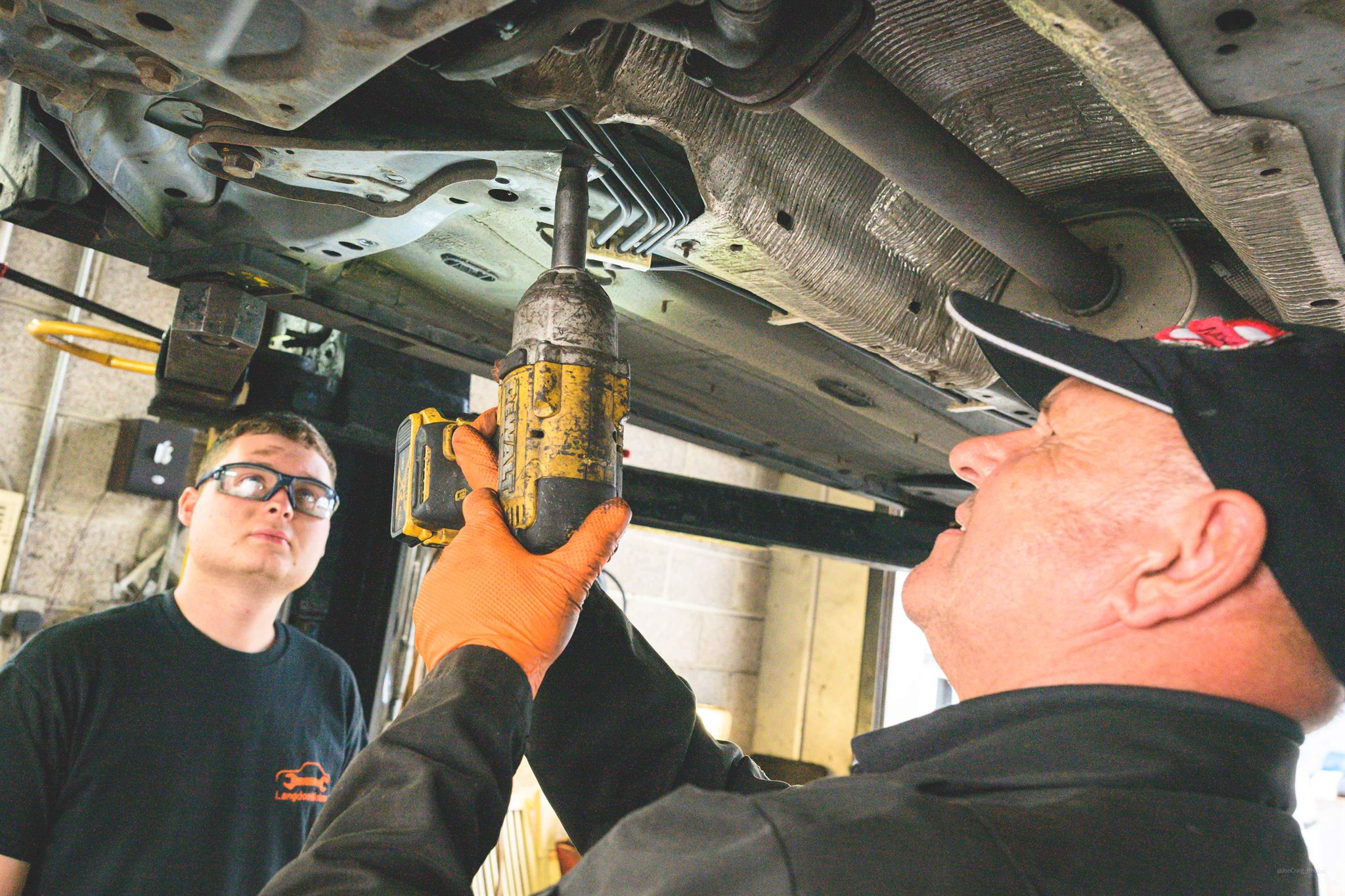 Vehicle steering and suspension inspection on the hydraulic ramp at Langdon Motors